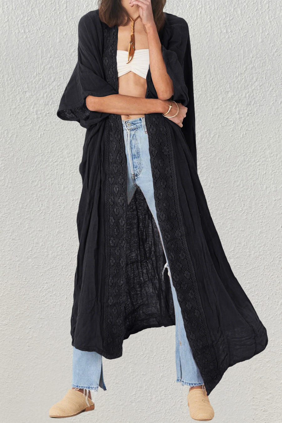 Short Embroidered Lace Kimono Crop Cardigan with Half Sleeves