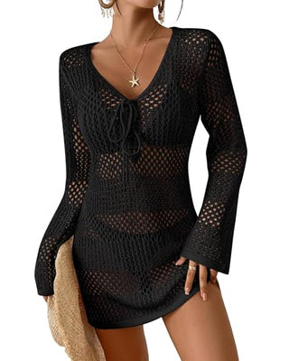 Women's Crochet Swimsuit Cover Up - Long Sleeve V Neck Hollow Out Knit Beach Dress for Bikini & Bathing Suits