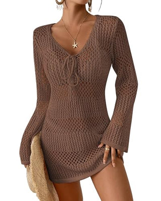 Women's Crochet Swimsuit Cover Up - Long Sleeve V Neck Hollow Out Knit Beach Dress for Bikini & Bathing Suits