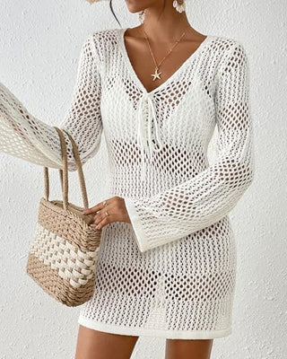 Women's Crochet Swimsuit Cover Up - Long Sleeve V Neck Hollow Out Knit Beach Dress for Bikini & Bathing Suits
