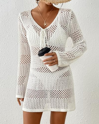 Women's Crochet Swimsuit Cover Up - Long Sleeve V Neck Hollow Out Knit Beach Dress for Bikini & Bathing Suits