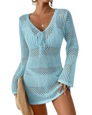 Women's Crochet Swimsuit Cover Up - Long Sleeve V Neck Hollow Out Knit Beach Dress for Bikini & Bathing Suits
