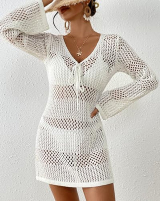 Women's Crochet Swimsuit Cover Up - Long Sleeve V Neck Hollow Out Knit Beach Dress for Bikini & Bathing Suits