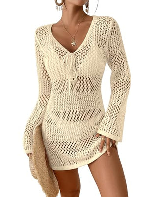 Women's Crochet Swimsuit Cover Up - Long Sleeve V Neck Hollow Out Knit Beach Dress for Bikini & Bathing Suits