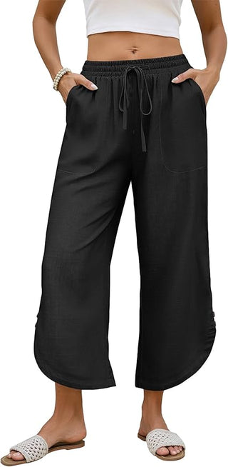 Bsubseach Women's Cotton Linen Summer Capri Pants, Drawstring Comfy Cropped Lounge Pants