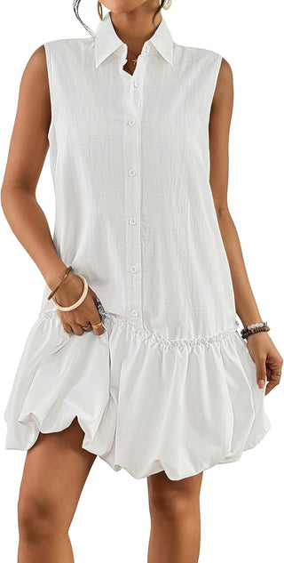 Women's Summer Linen Mini Dress, Sleeveless Button Down Shirt Dress, Casual Bubble Short Sundress with Pockets