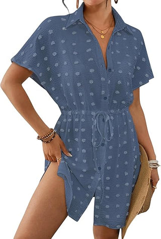 Bsubseach Women's Swiss Dot Swimsuit Coverup, Button Down Drawstring Beach Shirt Dress 2026 Resort Wear