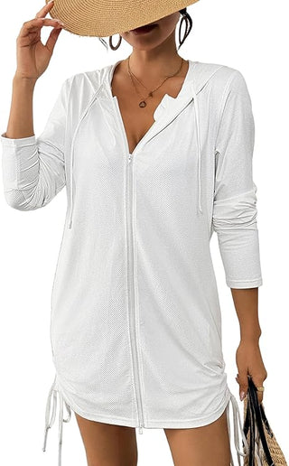 Bsubseach Women's UPF 50+ Hooded Zip Swim Cover Up, Long Sleeve SPF Sun Protection Drawstring Beach Jacket Dress