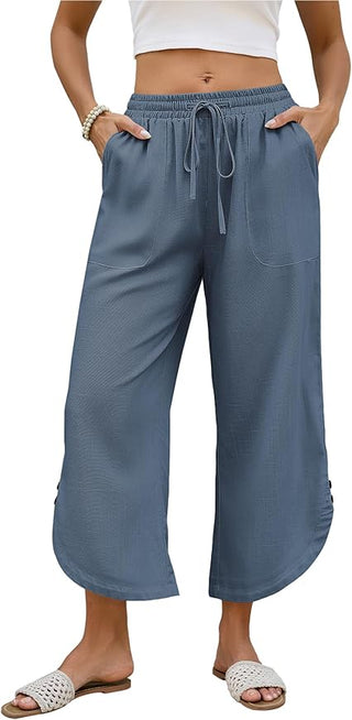 Bsubseach Women's Cotton Linen Summer Capri Pants, Drawstring Comfy Cropped Lounge Pants