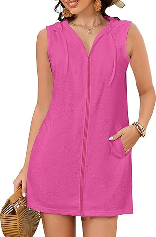 Bsubseach Sleeveless Terry Cloth Swim Cover Up - Hooded Zipper Beach Robe with Pockets