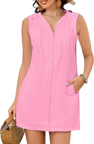 Bsubseach Sleeveless Terry Cloth Swim Cover Up - Hooded Zipper Beach Robe with Pockets