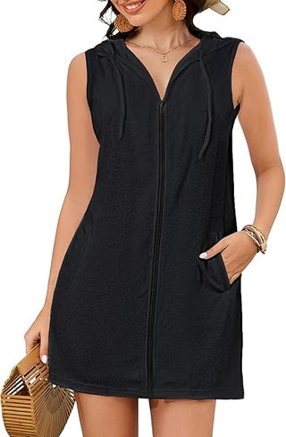 Bsubseach Sleeveless Terry Cloth Swim Cover Up - Hooded Zipper Beach Robe with Pockets