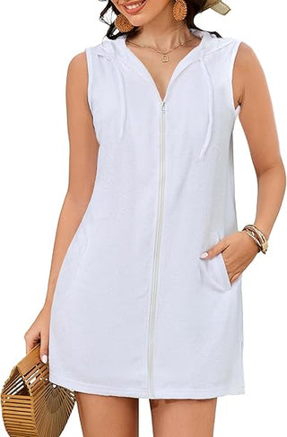 Bsubseach Sleeveless Terry Cloth Swim Cover Up - Hooded Zipper Beach Robe with Pockets
