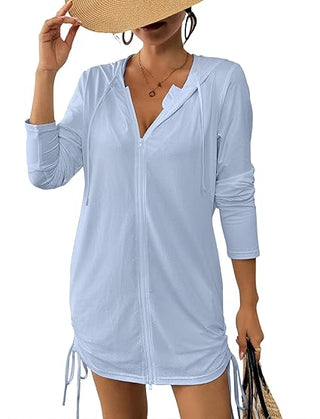 Bsubseach Women's UPF 50+ Hooded Zip Swim Cover Up, Long Sleeve SPF Sun Protection Drawstring Beach Jacket Dress