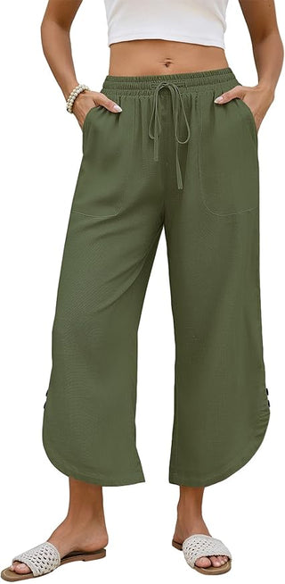 Bsubseach Women's Cotton Linen Summer Capri Pants, Drawstring Comfy Cropped Lounge Pants