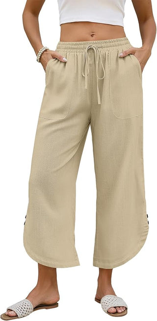 Bsubseach Women's Cotton Linen Summer Capri Pants, Drawstring Comfy Cropped Lounge Pants