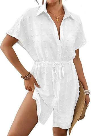Bsubseach Women's Swiss Dot Swimsuit Coverup, Button Down Drawstring Beach Shirt Dress 2026 Resort Wear