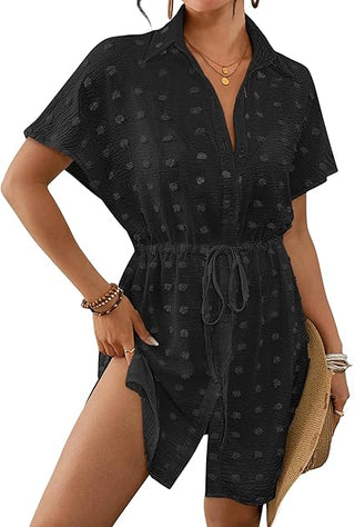 Bsubseach Women's Swiss Dot Swimsuit Coverup, Button Down Drawstring Beach Shirt Dress 2026 Resort Wear