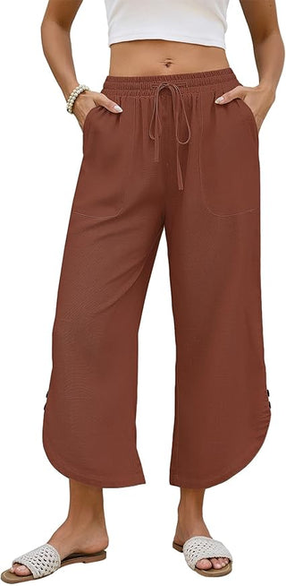 Bsubseach Women's Cotton Linen Summer Capri Pants, Drawstring Comfy Cropped Lounge Pants