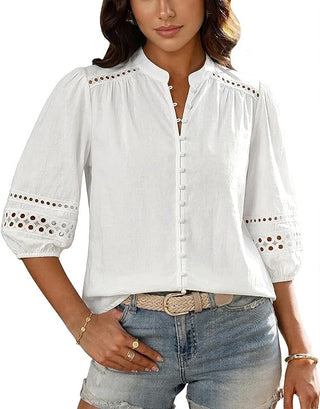 Women's Button Down Eyelet Blouse, 3/4 Puff Sleeve Boho Cotton Tops, Mandarin Collar Dressy Casual Shirt