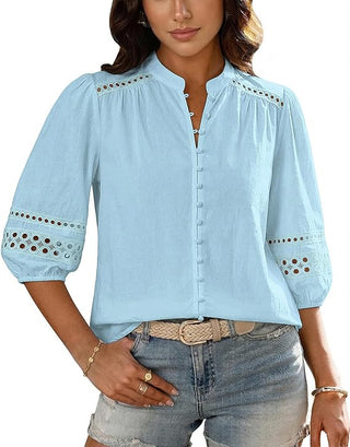 Women's Button Down Eyelet Blouse, 3/4 Puff Sleeve Boho Cotton Tops, Mandarin Collar Dressy Casual Shirt