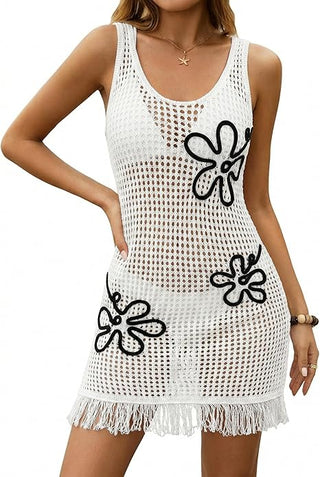 Bsubseach Crochet Beach Cover Up | 3D Floral Mesh Knit Bathing Suit Coverup with Fringe