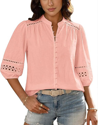 Women's Button Down Eyelet Blouse, 3/4 Puff Sleeve Boho Cotton Tops, Mandarin Collar Dressy Casual Shirt