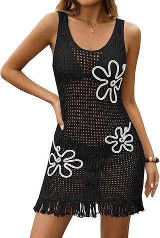 Bsubseach Crochet Beach Cover Up | 3D Floral Mesh Knit Bathing Suit Coverup with Fringe