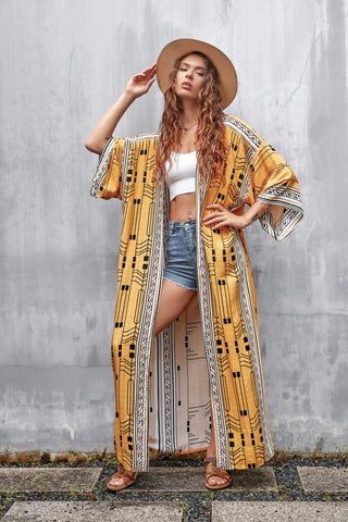 geometric print yellow kimono women beach cover up