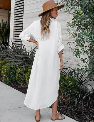 Swimsuit Casual Dresses Button Down Beach Dress Long Kimonos Cardigans with Pockets - Bsubseach