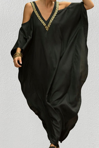 V-neck black solid kaftan dress beach cover up