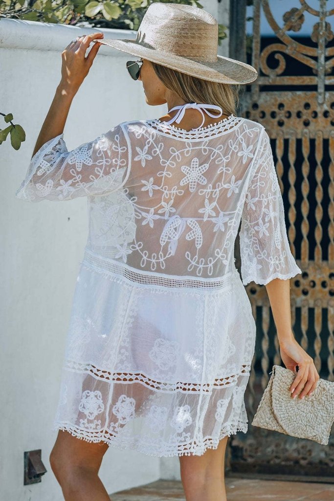 Stylish V-Neck Bikini White Lace Beach Dress Bsubseach White / One Size Stylish V-Neck Bikini White Lace Beach Dress Bsubseach White / One Size